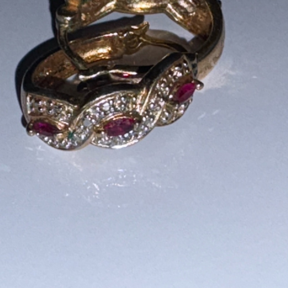 VINTAGE!!! 14K Yellow Gold Plated Lab Created Ruby Diamond Huggies Hoop Earrings